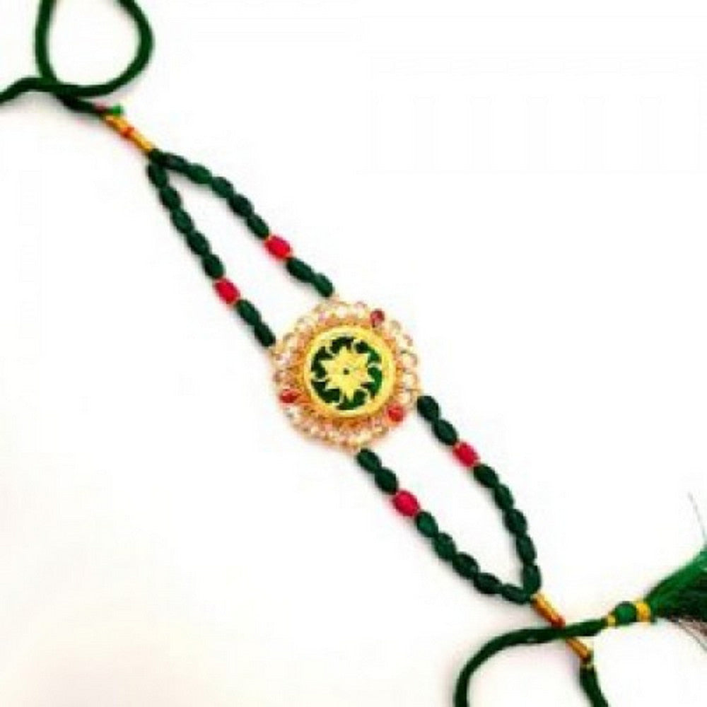 Thewa Art Green Beads Gold Plated Rakhi