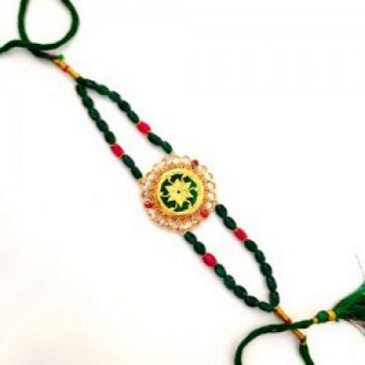 Thewa Art Green Beads Gold Plated Rakhi