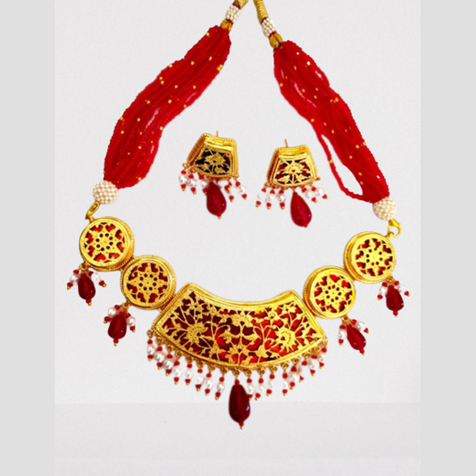 Thewa Art Gold Work Neckless Set Golden & Red