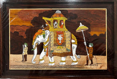 Traditional Handicraft Mysore Rosewood Inlay Wooden Painting Of Dasara Procession with Elephant