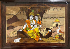 Traditional Handicraft Mysore Rosewood Inlay Wooden Painting Of Sitting Radha Krishna