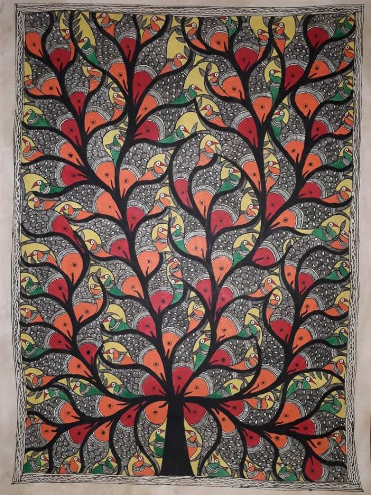 Traditional Madhubani Painting: A Multicolored Tree on Khadi Paper, Rendered with Natural Paints