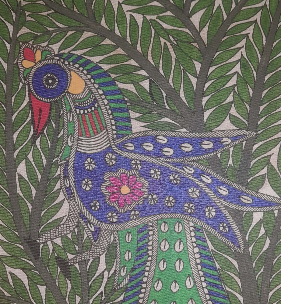 Traditional Madhubani Painting: A Peacock in the Forest, Crafted with Natural Paints on Khadi Paper