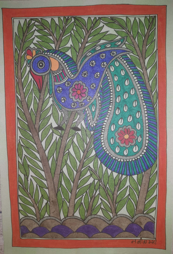 Traditional Madhubani Painting: A Peacock on a Tree, Rendered with Natural Paints on Khadi Paper