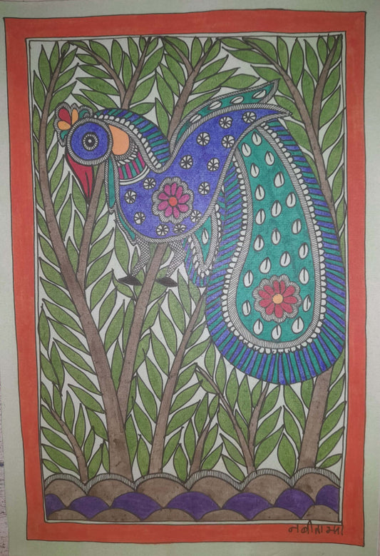 Traditional Madhubani Painting: A Peacock on a Tree, Rendered with Natural Paints on Khadi Paper