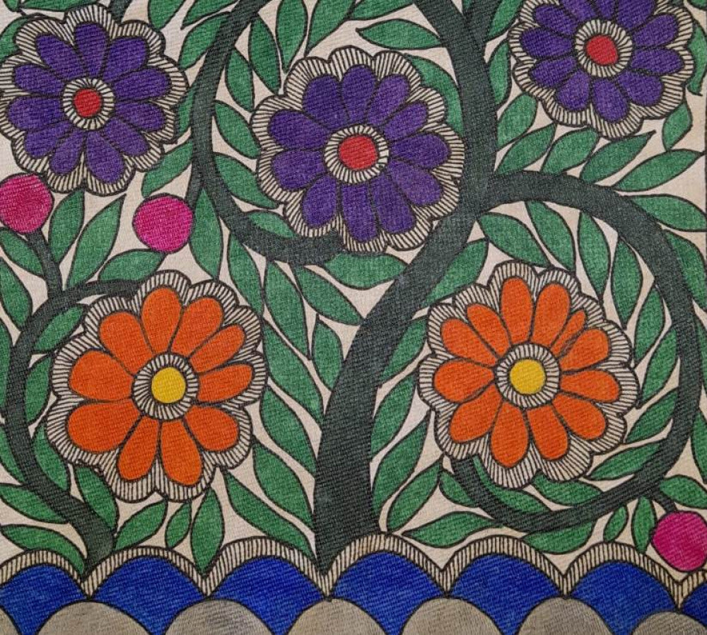 Traditional Madhubani Painting featuring Multi-Colored Flowers on Khadi Paper