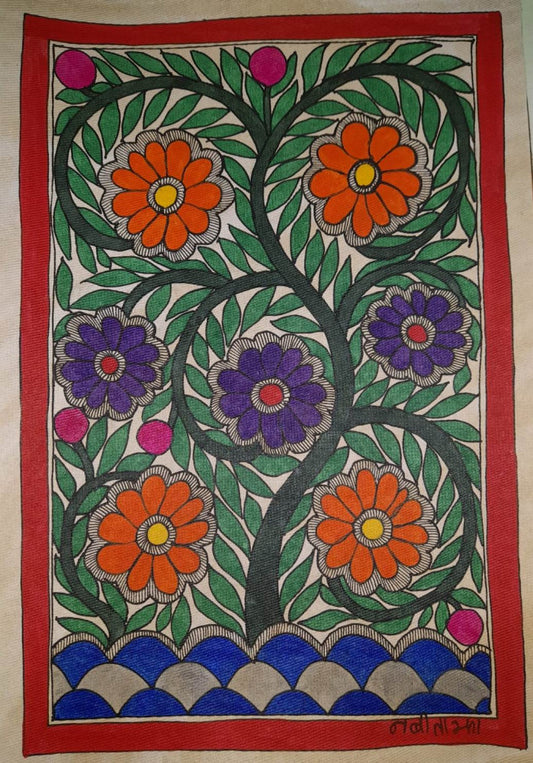 Traditional Madhubani Painting featuring Multi-Colored Flowers on Khadi Paper