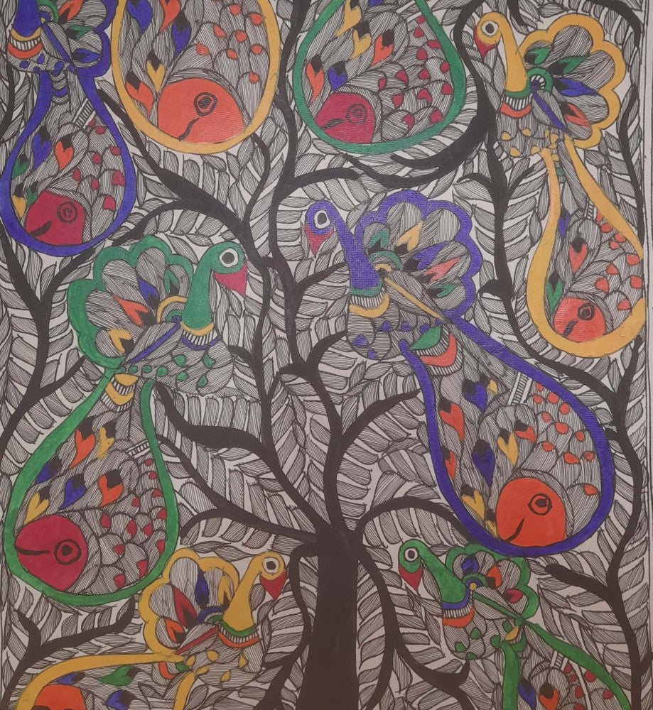 Traditional Madhubani Painting: Multi-Colored Peacocks on a Tree, Created with Natural Paints on Khadi Paper