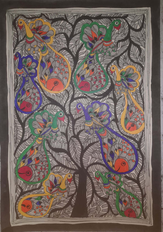 Traditional Madhubani Painting: Multi-Colored Peacocks on a Tree, Created with Natural Paints on Khadi Paper