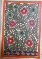 Traditional Madhubani Painting: Multicolored Floral Designs on Khadi Paper with Natural Paints