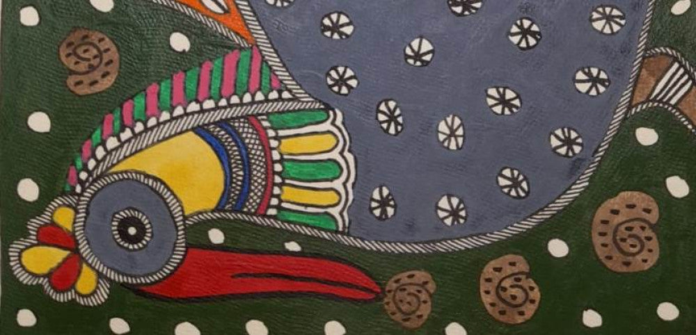 Traditional Madhubani Painting of a Large Bird with Motifs on Khadi Paper
