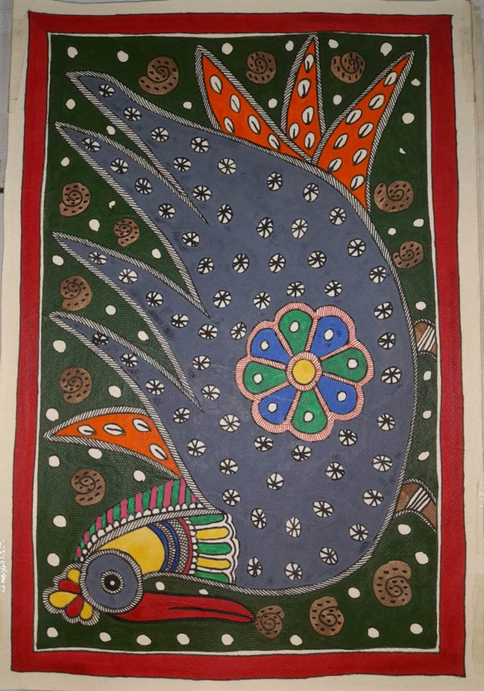 Traditional Madhubani Painting of a Large Bird with Motifs on Khadi Paper