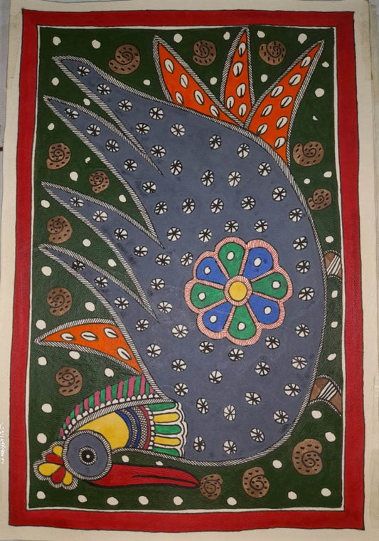 Traditional Madhubani Painting of a Large Bird with Motifs on Khadi Paper