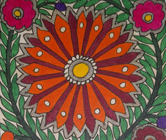 Traditional Madhubani Painting of a Large Multi-Colored Flower on Khadi Paper