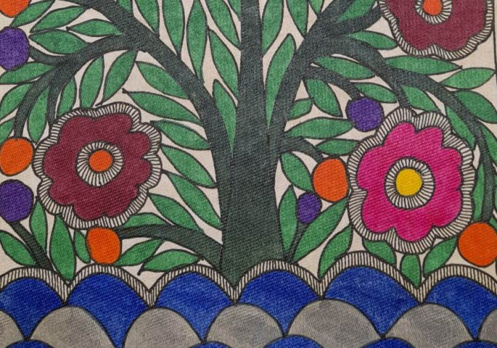 Traditional Madhubani Painting of a Large Multi-Colored Flower on Khadi Paper