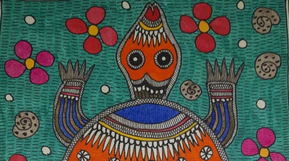 Traditional Madhubani Painting of a Large Orange Turtle with Motifs on Khadi Paper