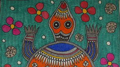 Traditional Madhubani Painting of a Large Orange Turtle with Motifs on Khadi Paper