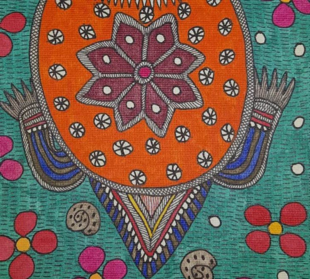 Traditional Madhubani Painting of a Large Orange Turtle with Motifs on Khadi Paper