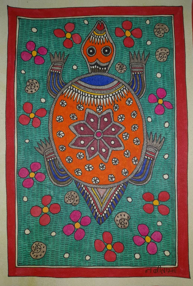 Traditional Madhubani Painting of a Large Orange Turtle with Motifs on Khadi Paper