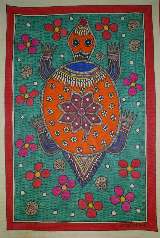 Traditional Madhubani Painting of a Large Orange Turtle with Motifs on Khadi Paper