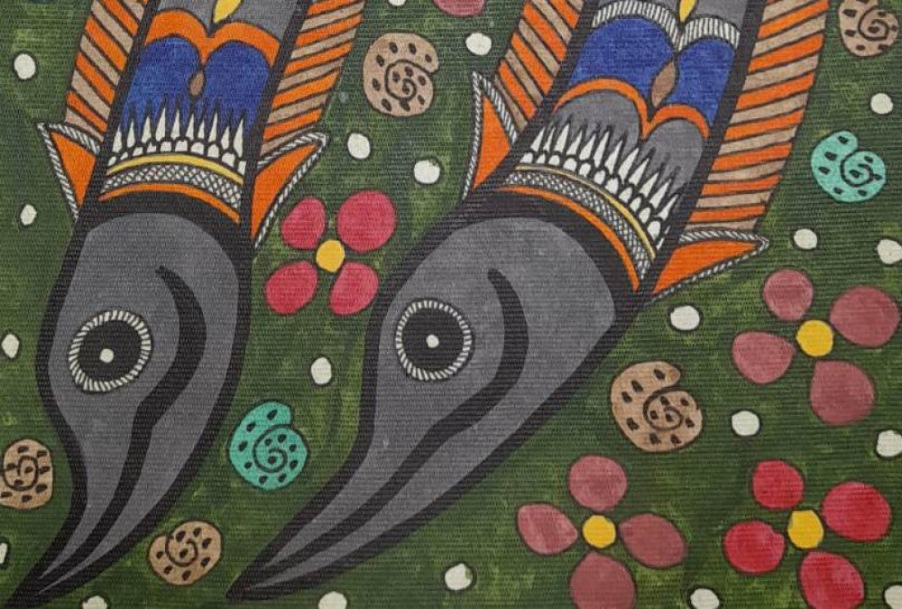 Traditional Madhubani Painting of a Pair of Fish on Khadi Paper
