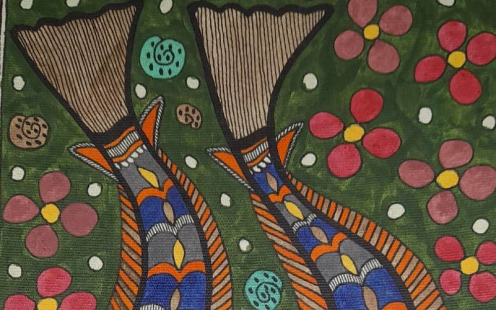 Traditional Madhubani Painting of a Pair of Fish on Khadi Paper