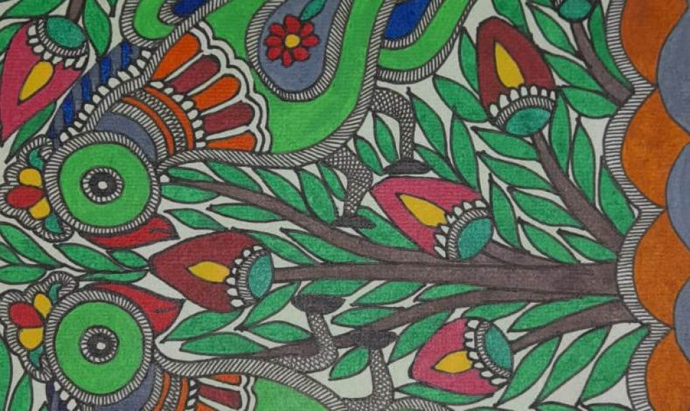 Traditional Madhubani Painting of a Pair of Parrots on Khadi Paper