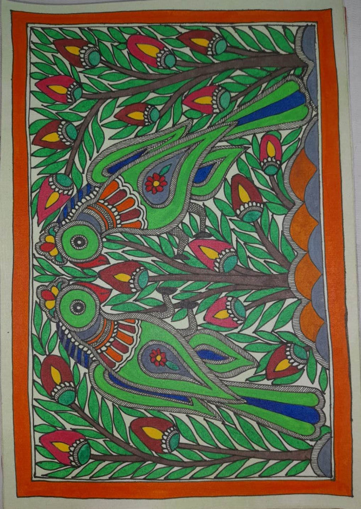 Traditional Madhubani Painting of a Pair of Parrots on Khadi Paper