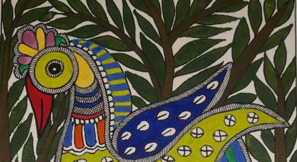 Traditional Madhubani Painting of a Yellow Bird in the Forest on Khadi Paper