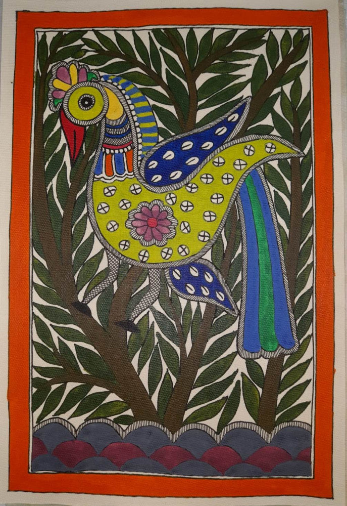 Traditional Madhubani Painting of a Yellow Bird in the Forest on Khadi Paper