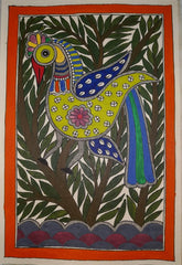 Traditional Madhubani Painting of a Yellow Bird in the Forest on Khadi Paper