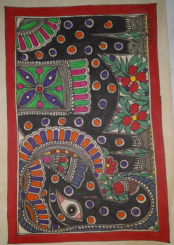 Traditional Madhubani Painting of an Elephant on Khadi Paper