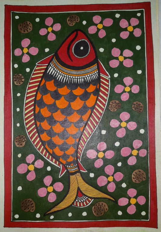 Traditional Madhubani Painting of an Orange and Black Fish on Khadi Paper