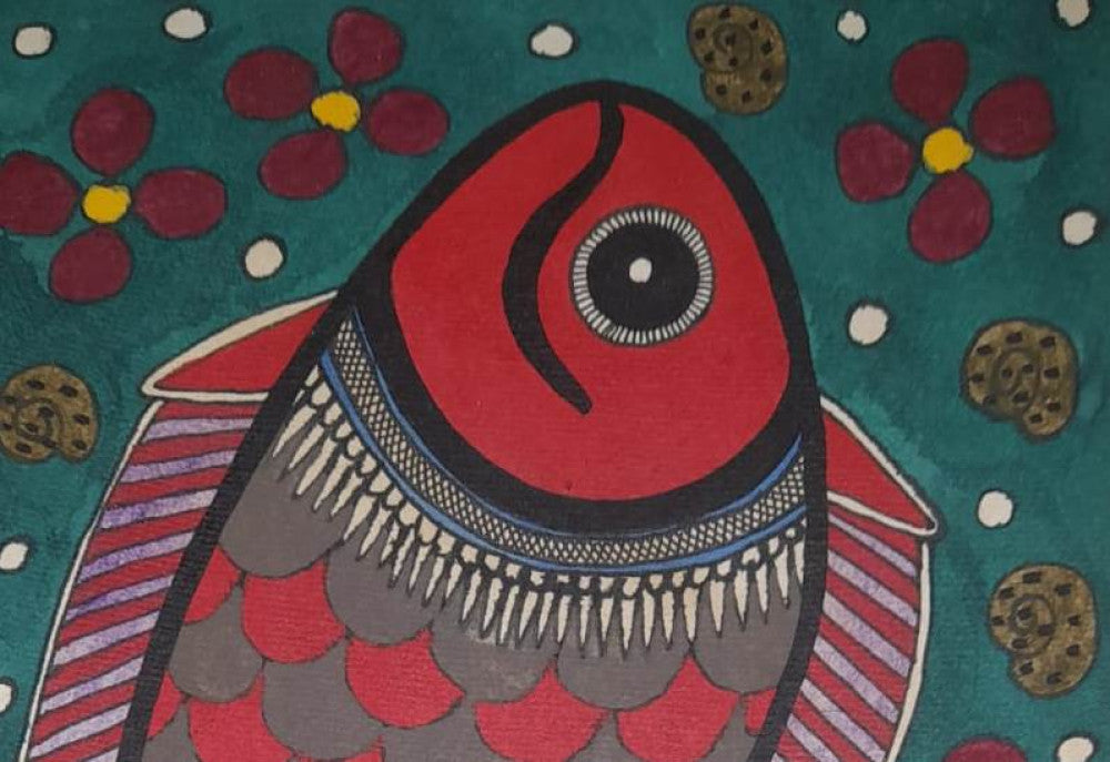 Traditional Madhubani Painting of an Orange Fish on Khadi Paper