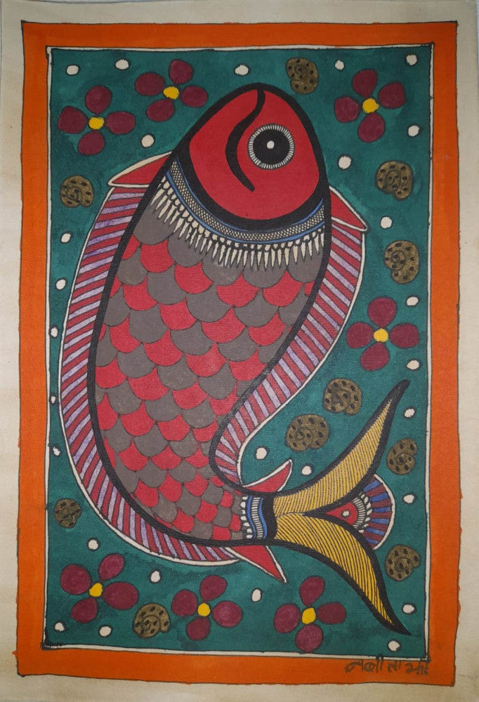 Traditional Madhubani Painting of an Orange Fish on Khadi Paper