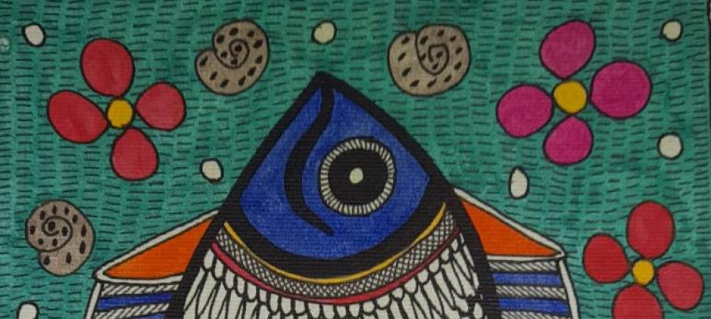 Traditional Madhubani Painting of Fishes in a Floral Background on Khadi Paper