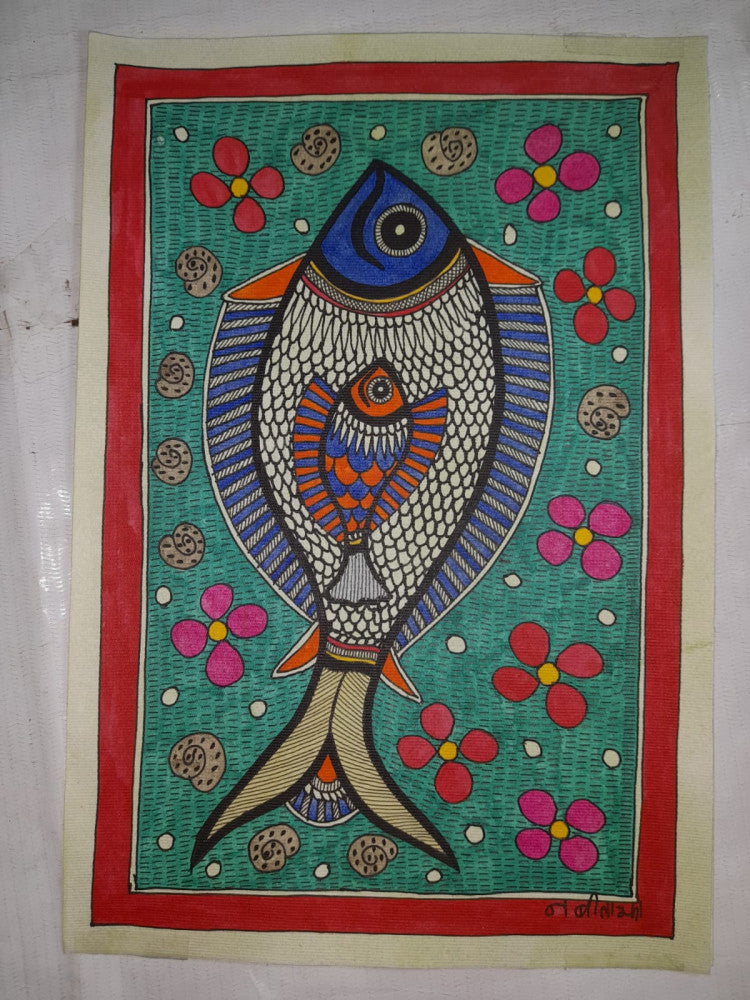 Traditional Madhubani Painting of Fishes in a Floral Background on Khadi Paper