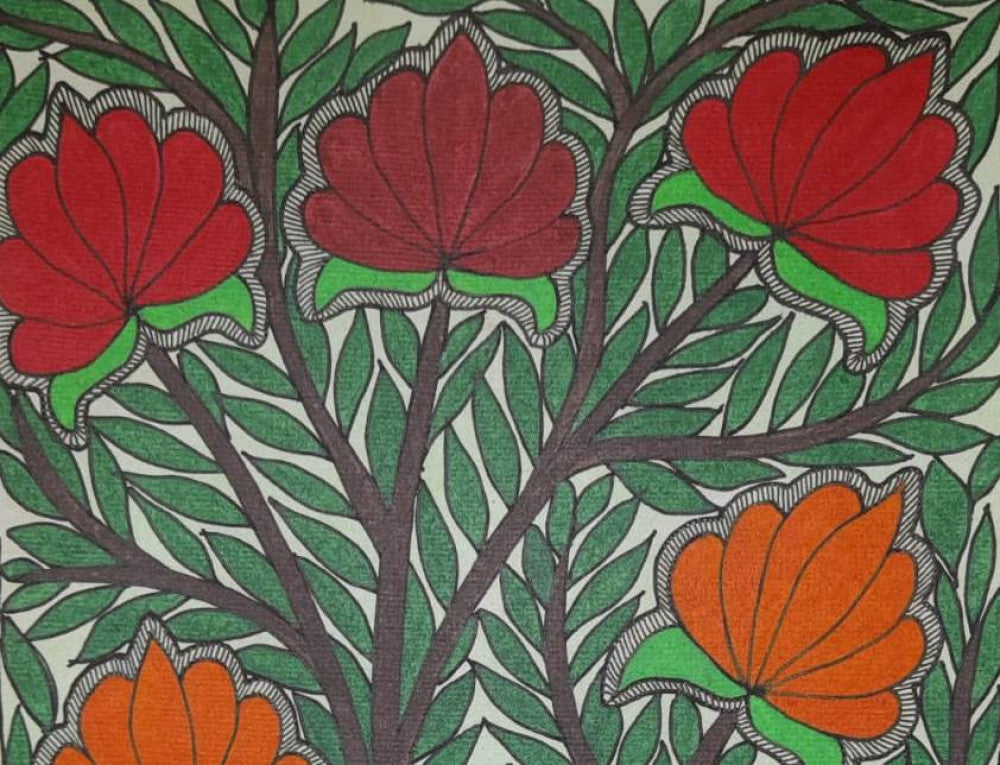 Traditional Madhubani Painting of Orange and Red Flowers on Khadi Paper