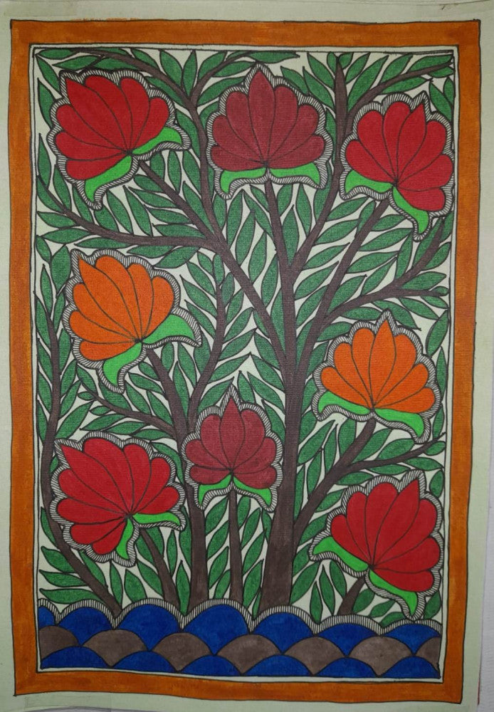 Traditional Madhubani Painting of Orange and Red Flowers on Khadi Paper