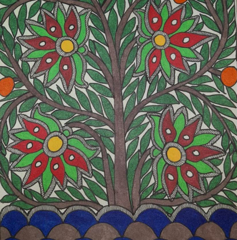 Traditional Madhubani Painting with Multi-Colored Flowers on Khadi Paper