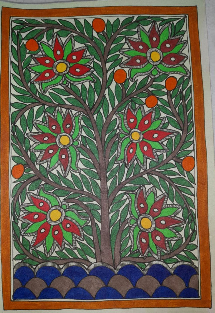 Traditional Madhubani Painting with Multi-Colored Flowers on Khadi Paper