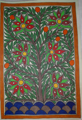Traditional Madhubani Painting with Multi-Colored Flowers on Khadi Paper