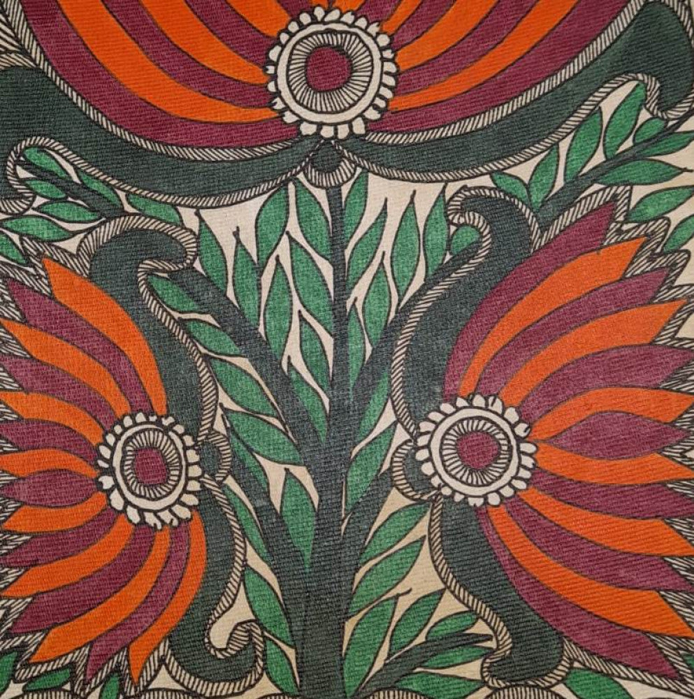 Traditional Madhubani Painting with Multi-Colored Lotus on Khadi Pape