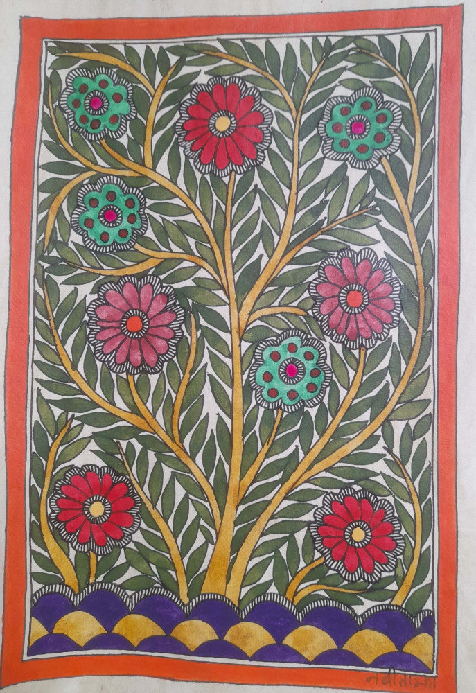 Traditional Vibrant Floral Madhubani Art on Khadi Paper