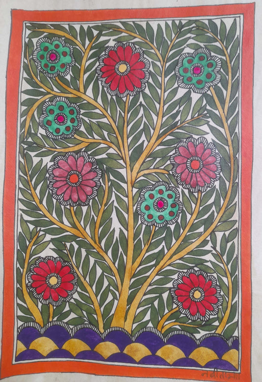 Traditional Vibrant Floral Madhubani Art on Khadi Paper