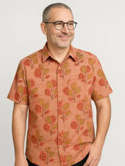 Vanaspati Block Printed Cotton Men's Half Sleeves Shirt - Orange
