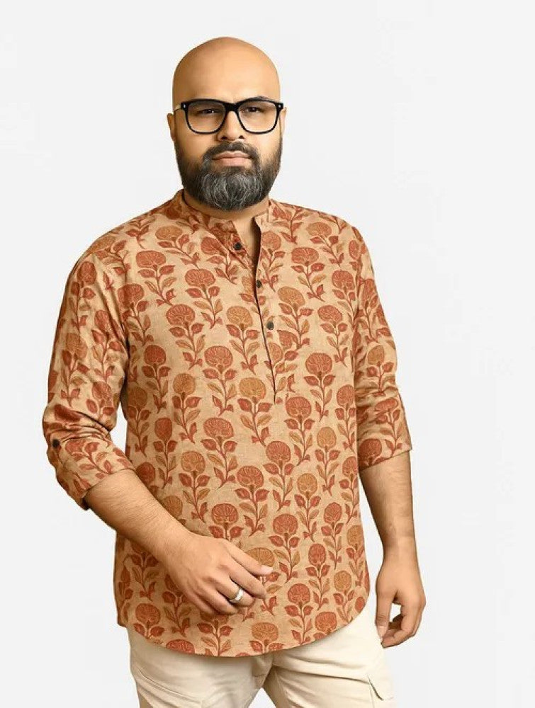 Vanaspati Block Printed Cotton Men's Short Kurta - Orange