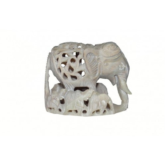 Varanasi Soft Stone Jali Work Family Elephant (Baby Elephant Inside) Showpiece