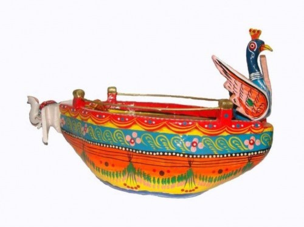Varanasi Wooden Lacquerware & Toys Colorful Peacock Shape Boat/Naav