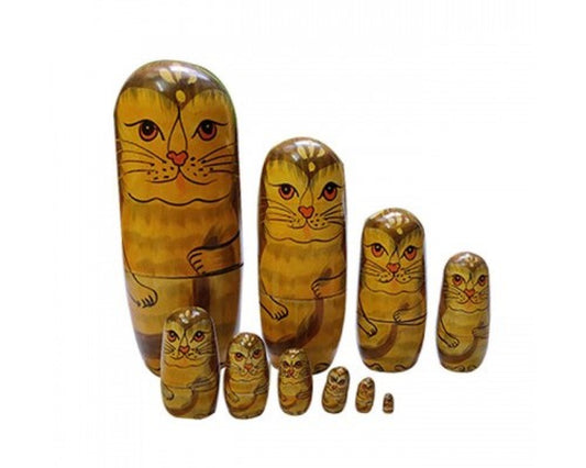 Varanasi Wooden Lacquerware Matryoshka Doll Cat Family Set Of 10